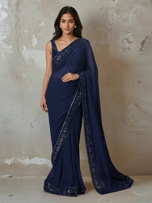 Dark Blue Abla Work Saree and Blouse Set