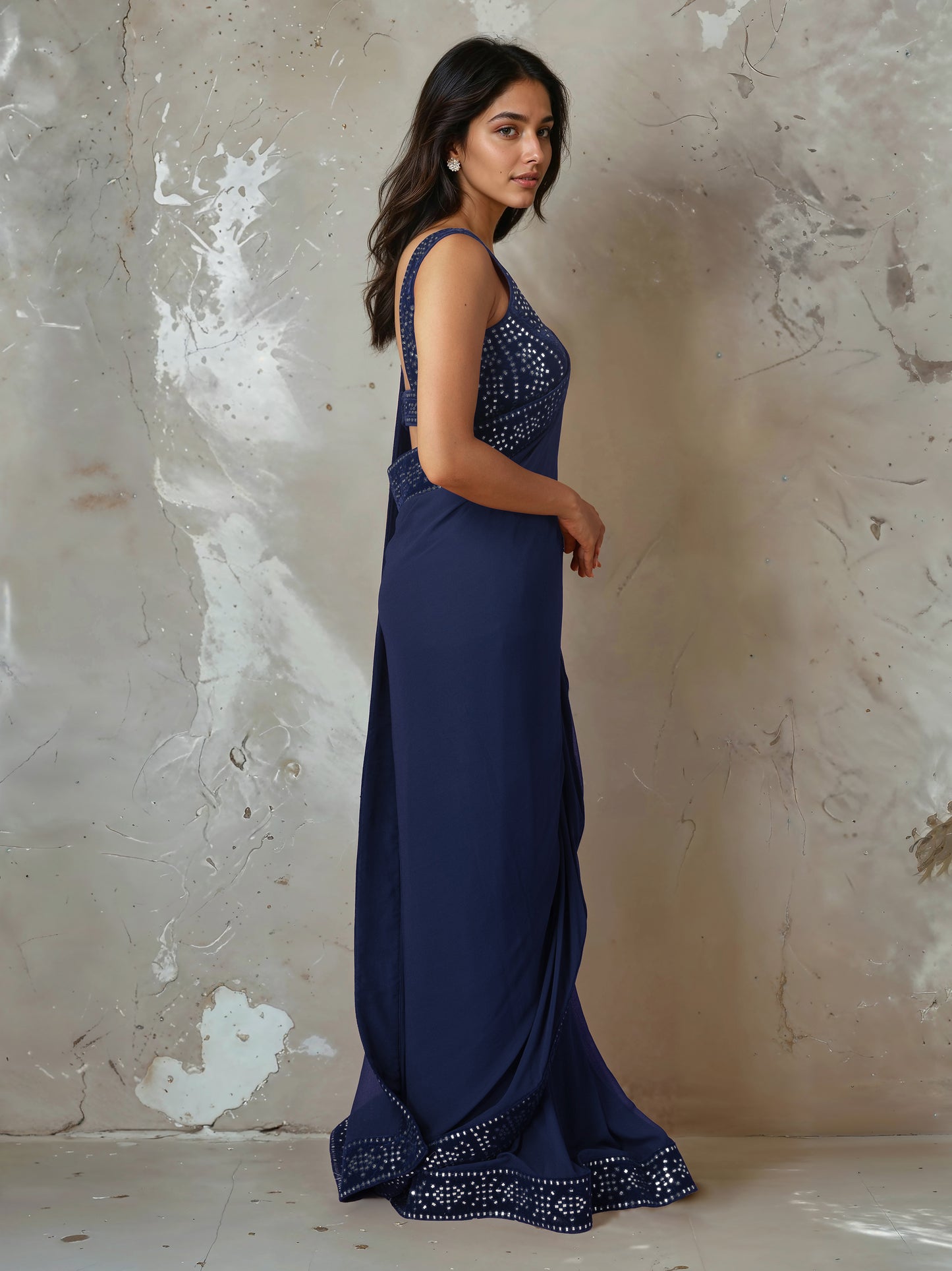 Dark Blue Abla Work Saree and Blouse Set