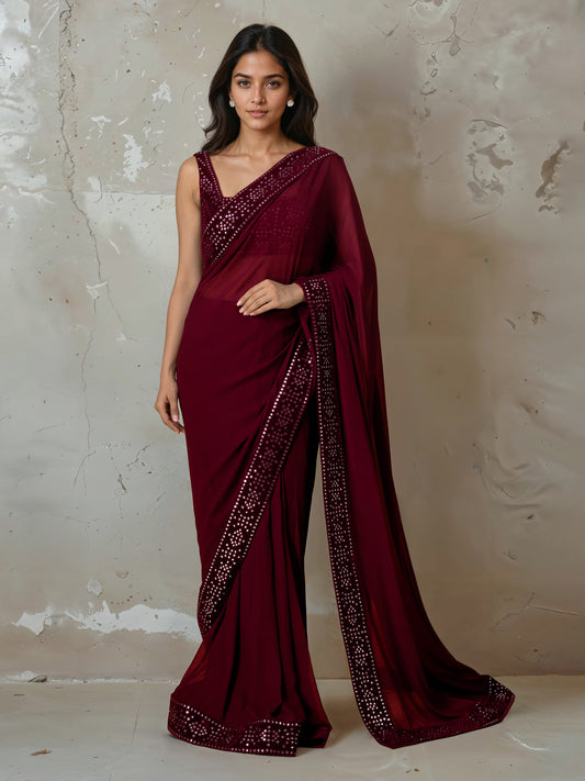 Dark Maroon Abla Work Saree and Blouse Set