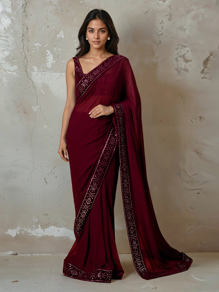 Dark Maroon Abla Work Saree and Blouse Set