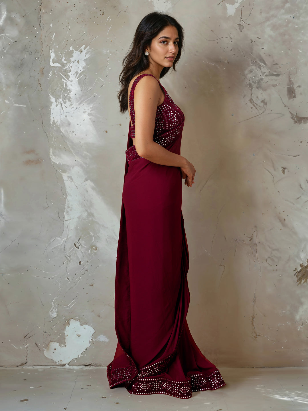 Dark Maroon Abla Work Saree and Blouse Set