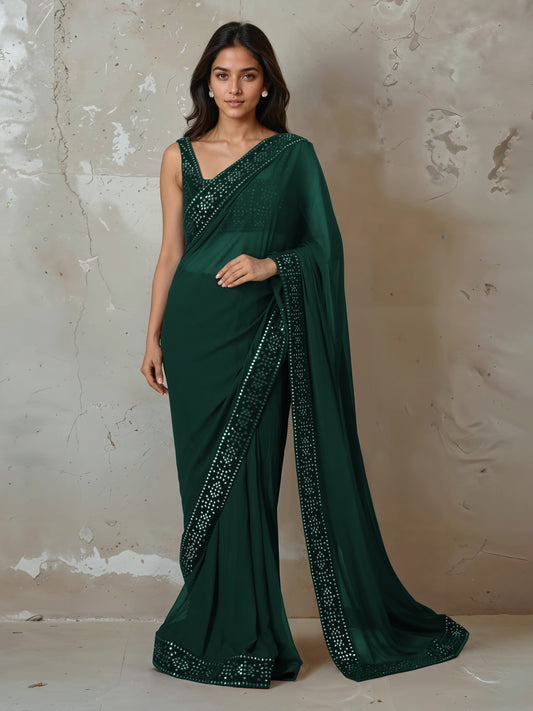 Sage Green Abla Work Saree and Blouse Set