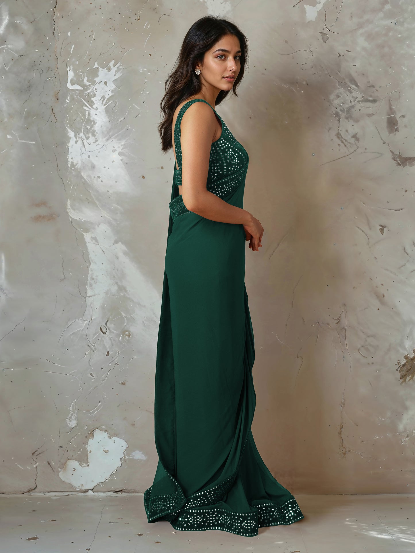 Sage Green Abla Work Saree and Blouse Set