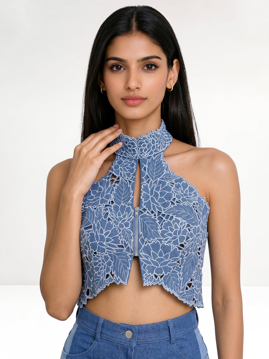 Halter Cutwork Denim Crop Jacket and Pant