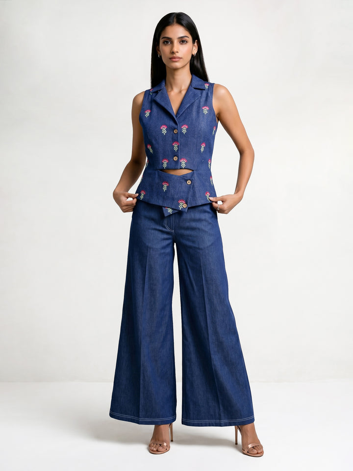 Denim Waist Coat With Embroidery
