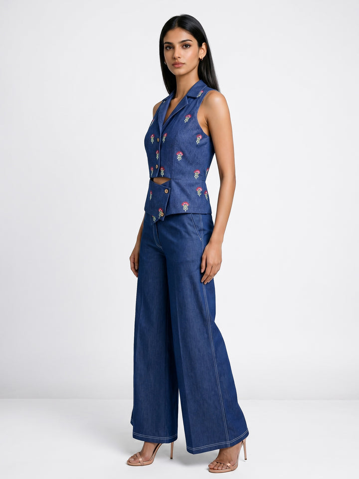 Denim Waist Coat With Embroidery