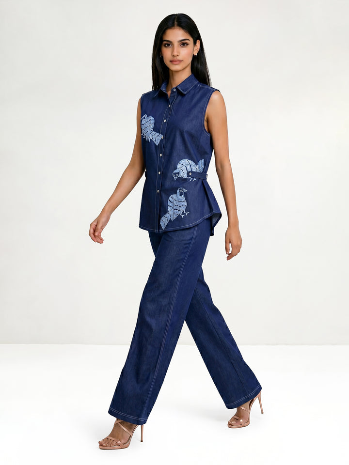 Flamingo Machine Embroidered Sleeveless Crop Shirt