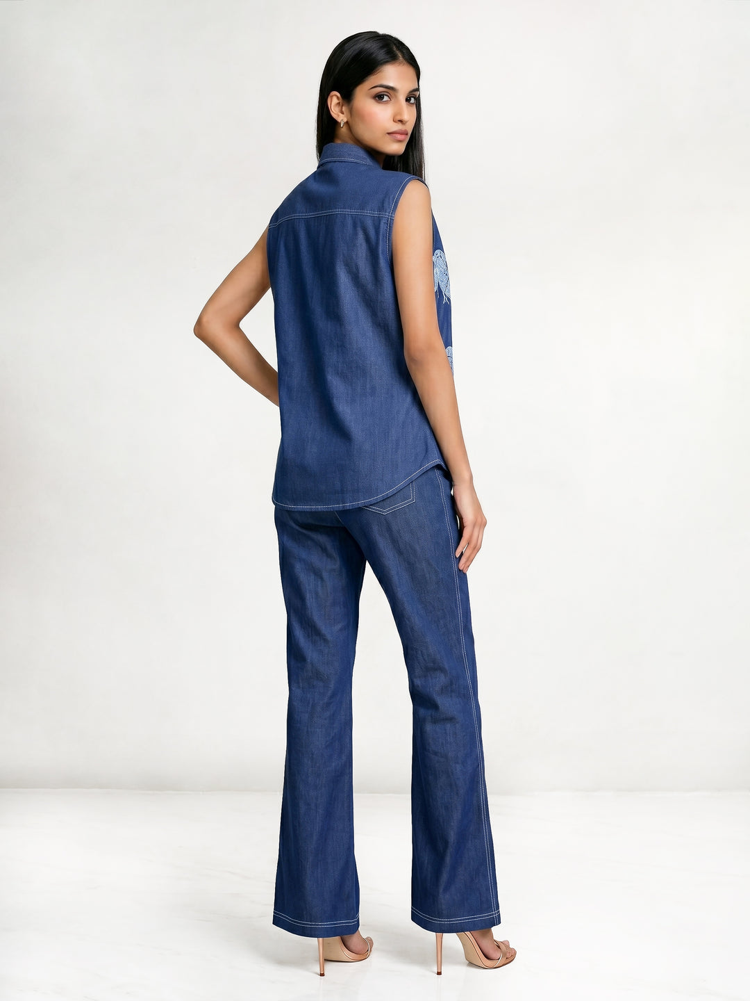 Flamingo Machine Embroidered Sleeveless Crop Shirt