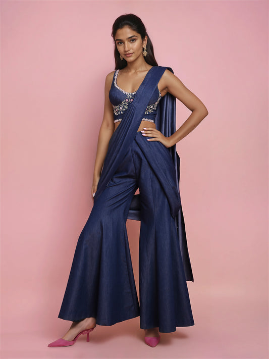Hand Embroidered Denim Corset with Denim Drape Sharara Saree with detachable Pallu