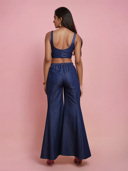 Hand Embroidered Denim Corset with Denim Drape Sharara Saree with detachable Pallu