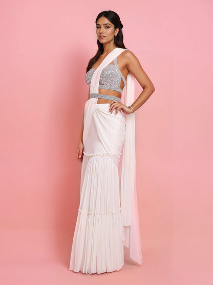 Hand Embroidered Denim Blouse with Ivory Georgette Drape Saree and Belt