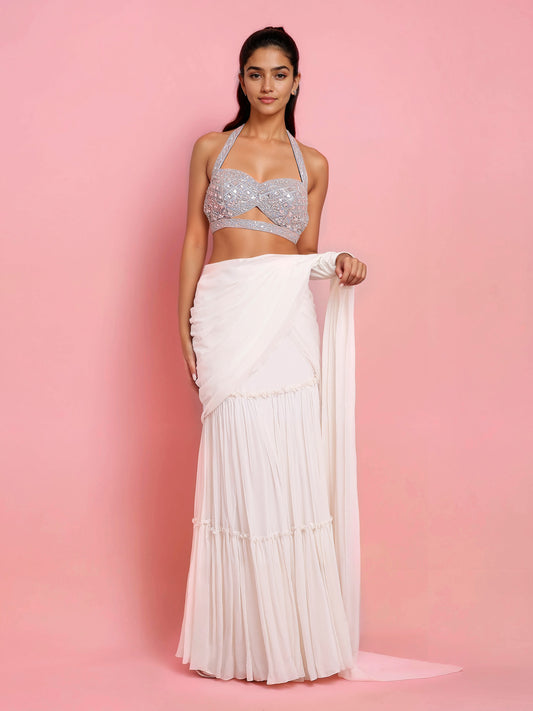 Hand Embroidered Denim Blouse with Ivory Georgette Drape Saree and Belt