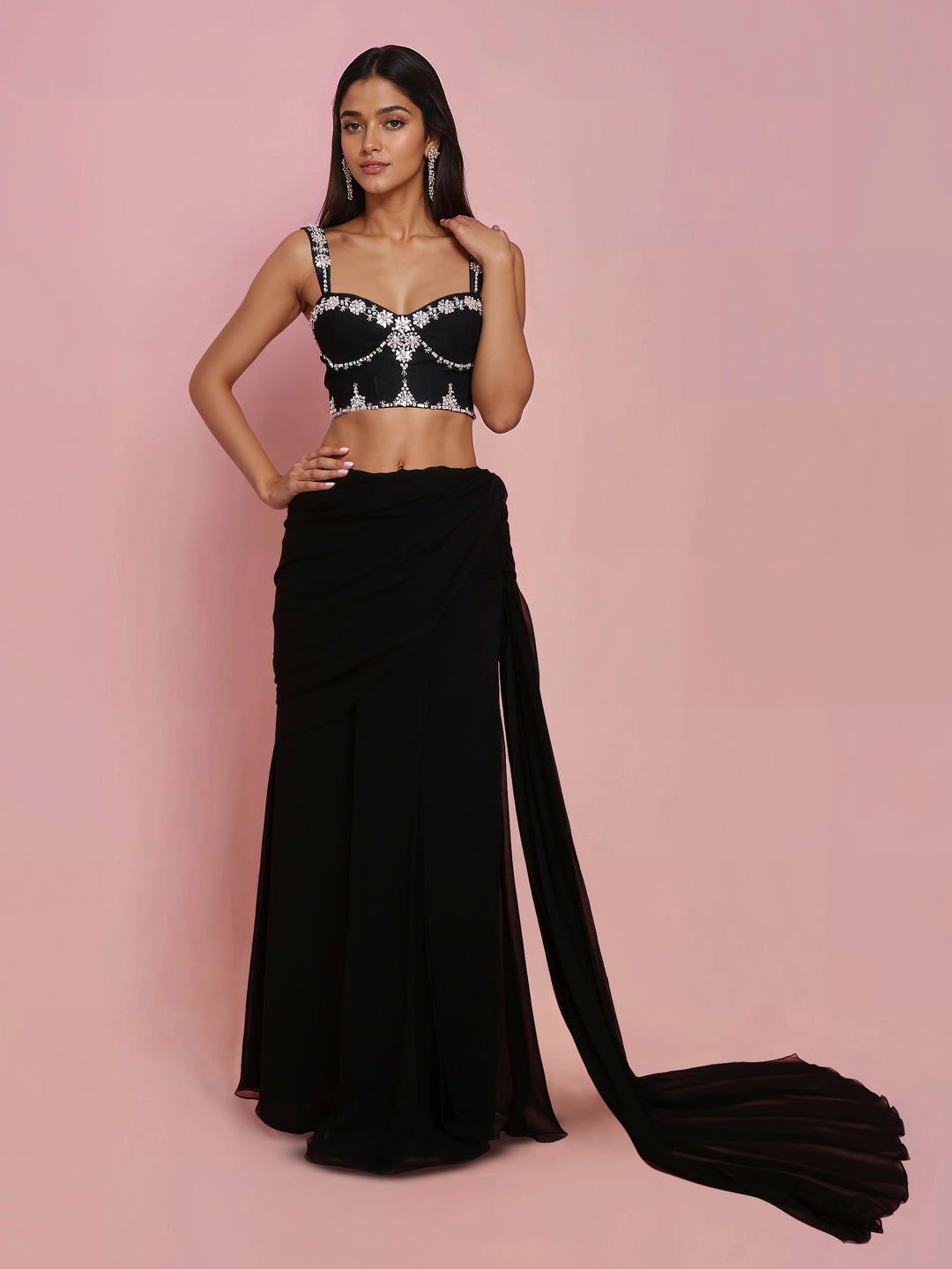 Hand Embroidered Denim Corset with Black Hip Rushed Drape Saree