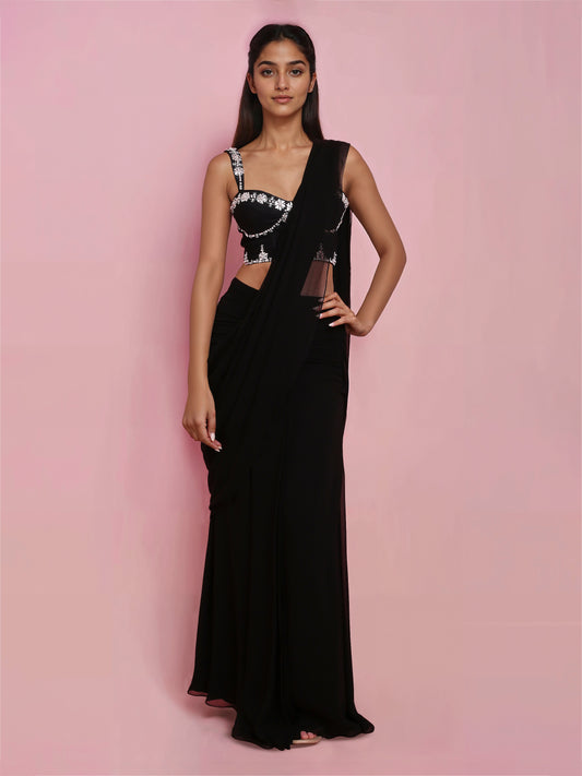 Hand Embroidered Denim Corset with Black Hip Rushed Drape Saree