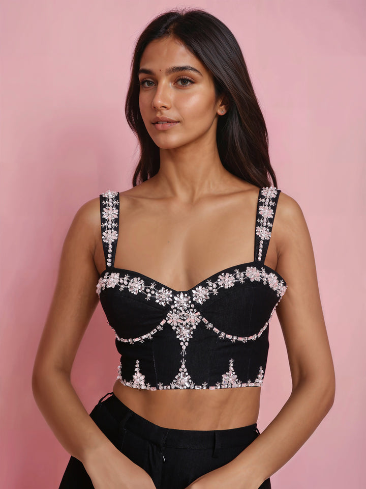Hand Embroidered Denim Corset with Black Sharara Pant