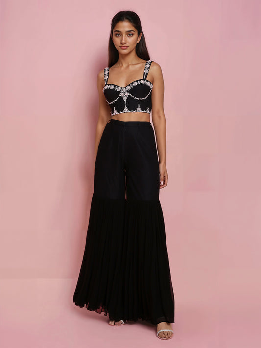 Hand Embroidered Denim Corset with Black Sharara Pant
