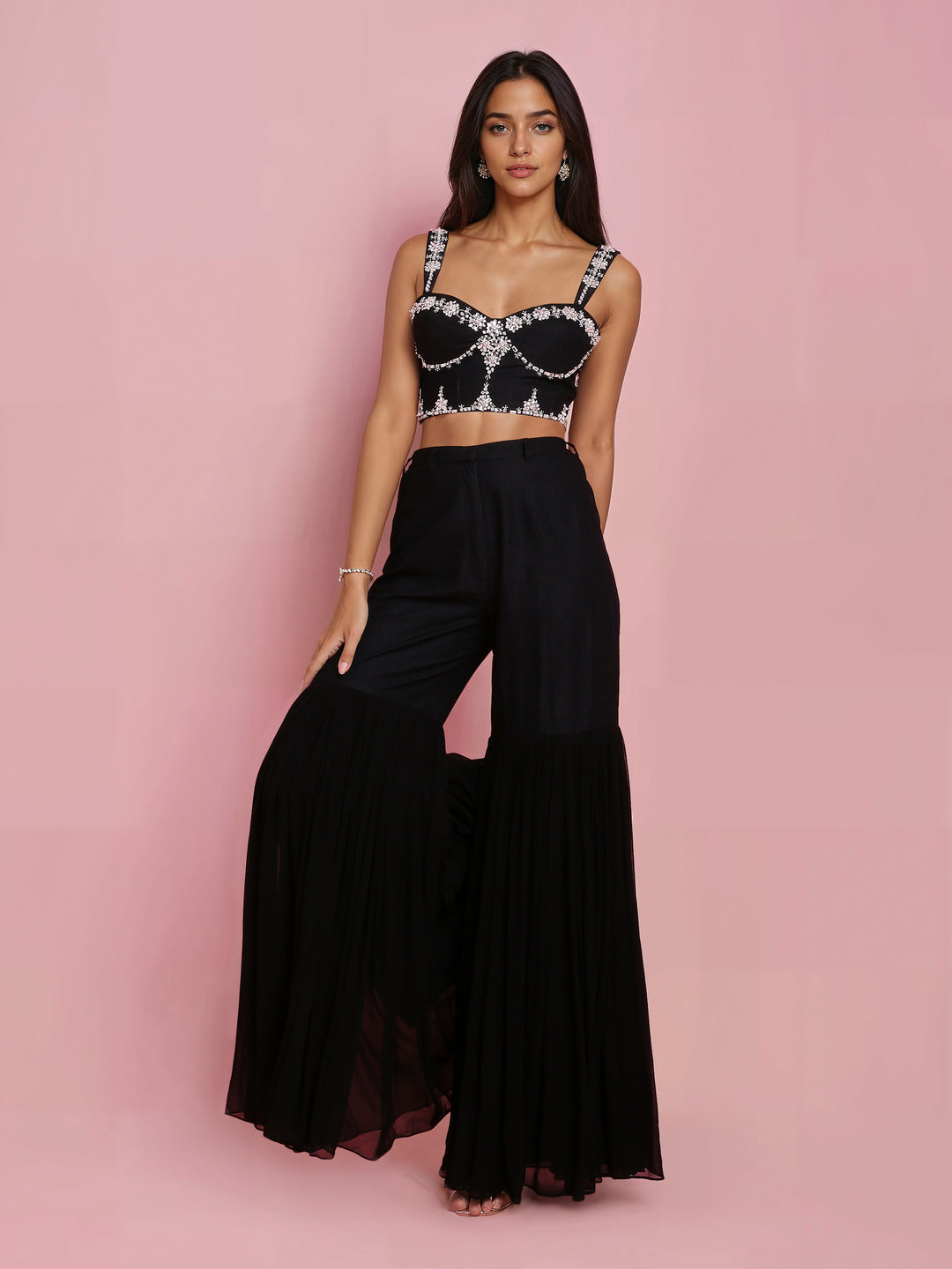 Hand Embroidered Denim Corset with Black Sharara Pant
