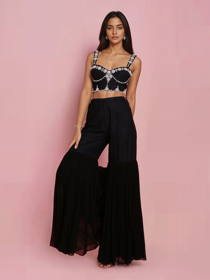 Hand Embroidered Denim Corset with Black Sharara Pant