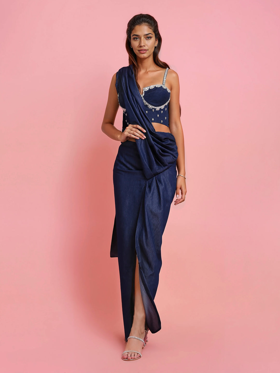 Hand Embroidered Denim Corset with Denim Drape Saree with Slit