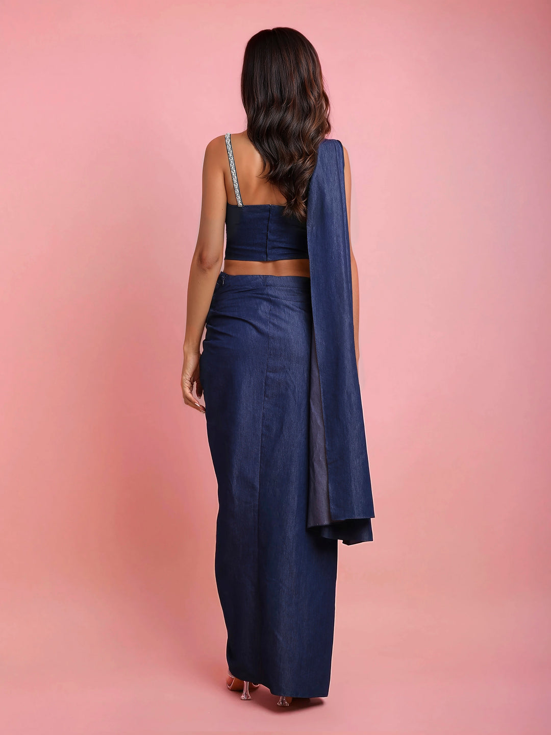 Hand Embroidered Denim Corset with Denim Drape Saree with Slit
