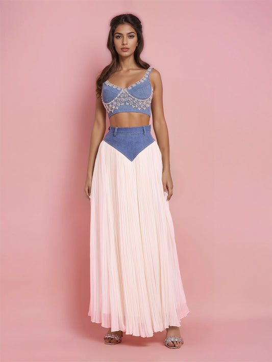 Hand Embroidered Denim Corset with Denim-Ivory Georgette Basque Skirt