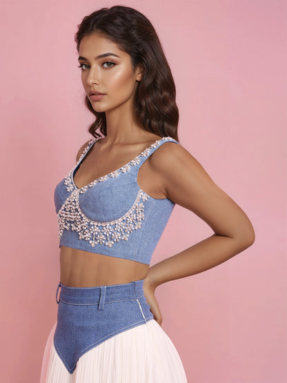 Hand Embroidered Denim Corset