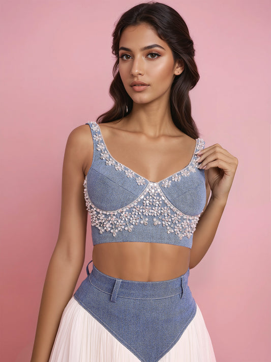 Hand Embroidered Denim Corset