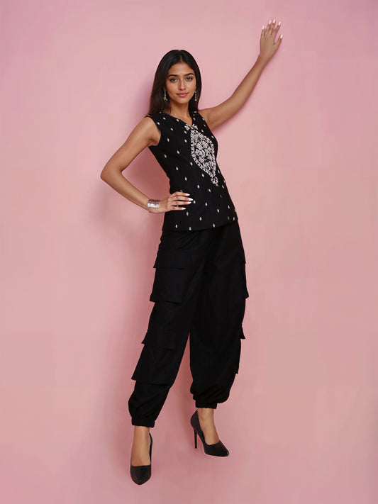 Hand Embroidered Black Denim Jacket with Black Cargo Pant