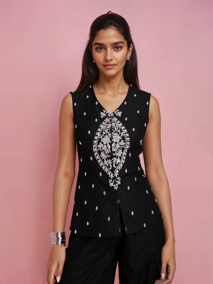Hand Embroidered Black Denim Jacket with Black Cargo Pant