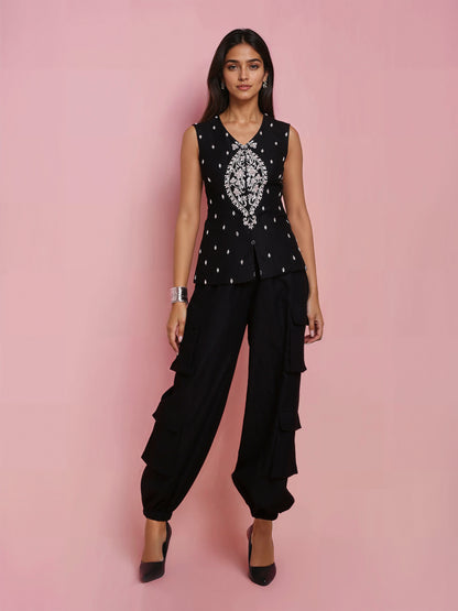 Hand Embroidered Black Denim Jacket with Black Cargo Pant