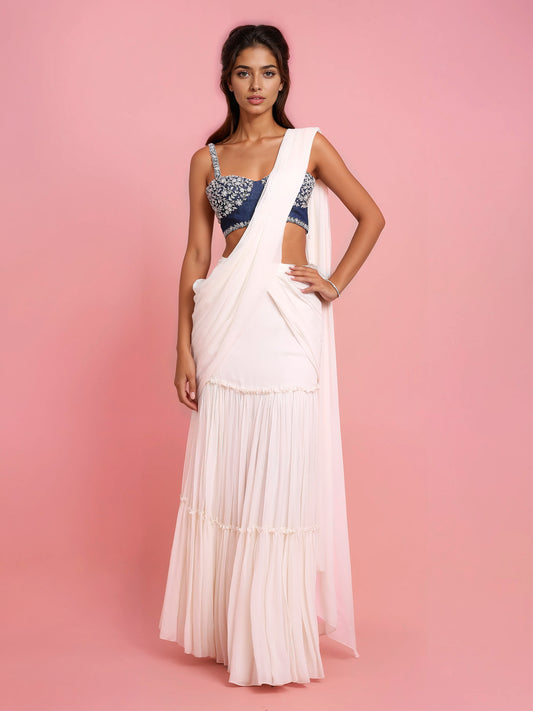 Hand Embroidered Denim Corset with Ivory Georgette Drape Saree
