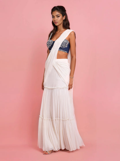 Hand Embroidered Denim Corset with Ivory Georgette Drape Saree