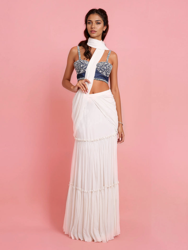 Hand Embroidered Denim Corset with Ivory Georgette Drape Saree