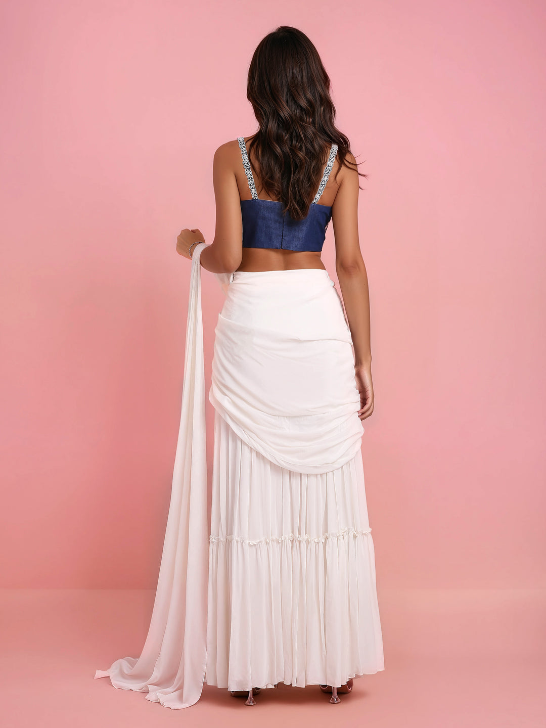 Hand Embroidered Denim Corset with Ivory Georgette Drape Saree