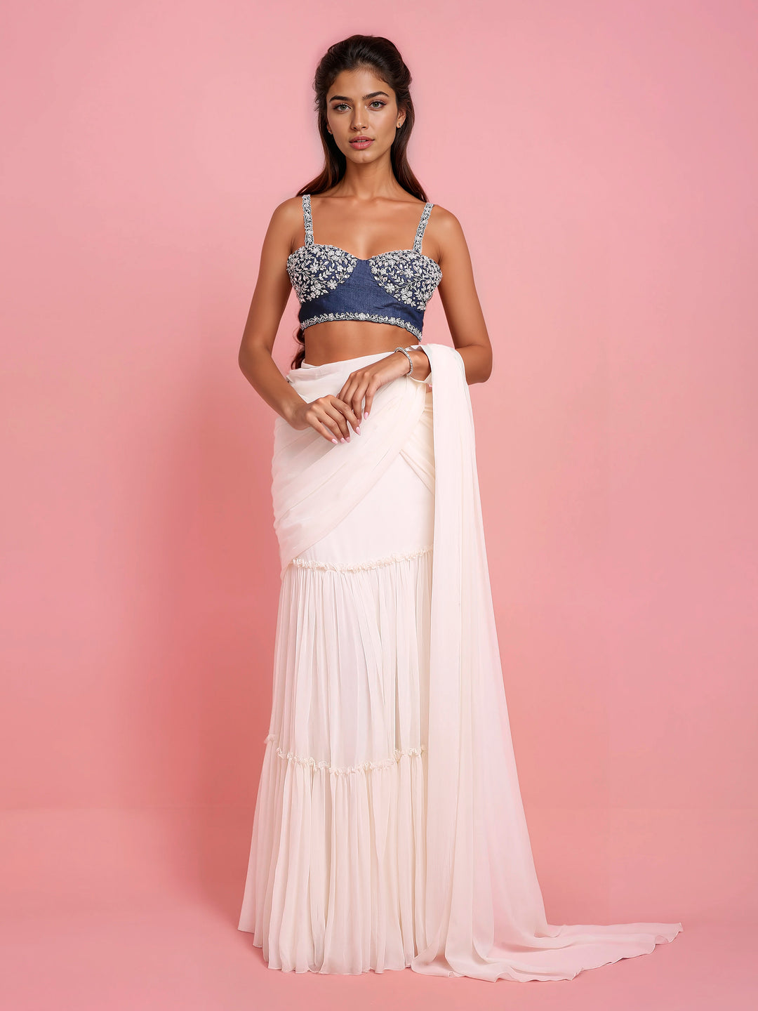 Hand Embroidered Denim Corset with Ivory Georgette Drape Saree