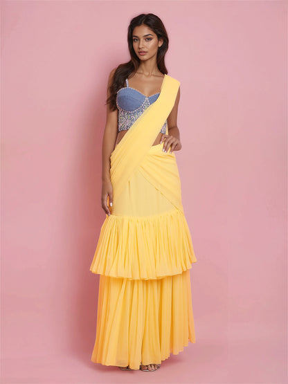 Hand Embroidered Denim Corset with Yellow two layered Georgette Drape Saree