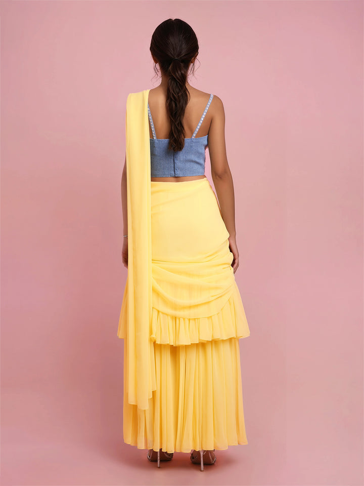 Hand Embroidered Denim Corset with Yellow two layered Georgette Drape Saree