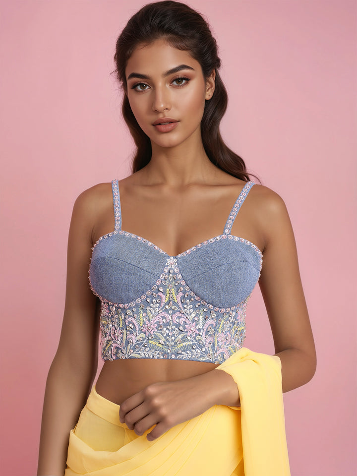 Hand Embroidered Denim Corset with Yellow two layered Georgette Drape Saree