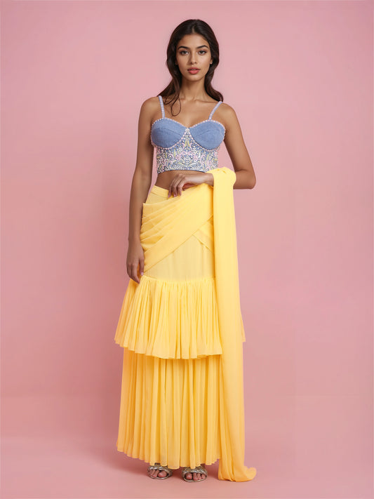 Hand Embroidered Denim Corset with Yellow two layered Georgette Drape Saree