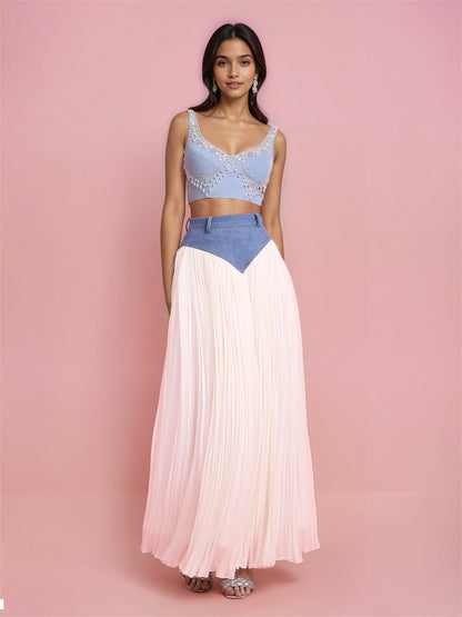 Denim-Ivory Georgette Basque Skirt (Only Skirt)