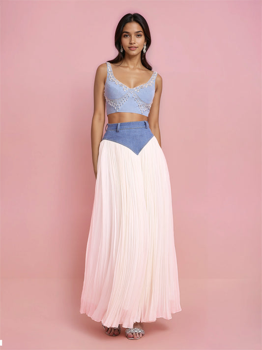 Denim-Ivory Georgette Basque Skirt (Only Skirt)