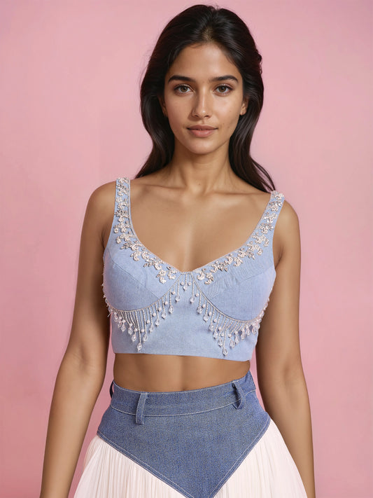 Hand Embroidered Denim Corset