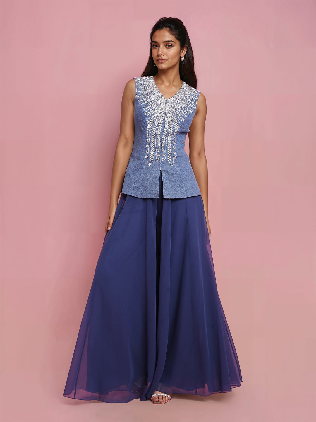 Hand Embroidered Denim Jacket with Blue Georgette Flared Sharara