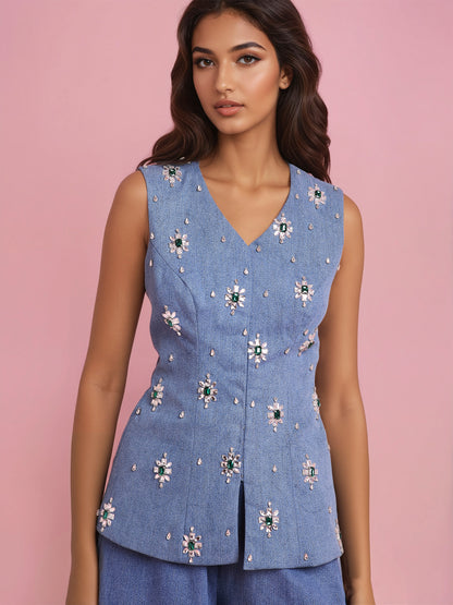 Hand Embroidered Denim Jacket With Blue Denim Pant