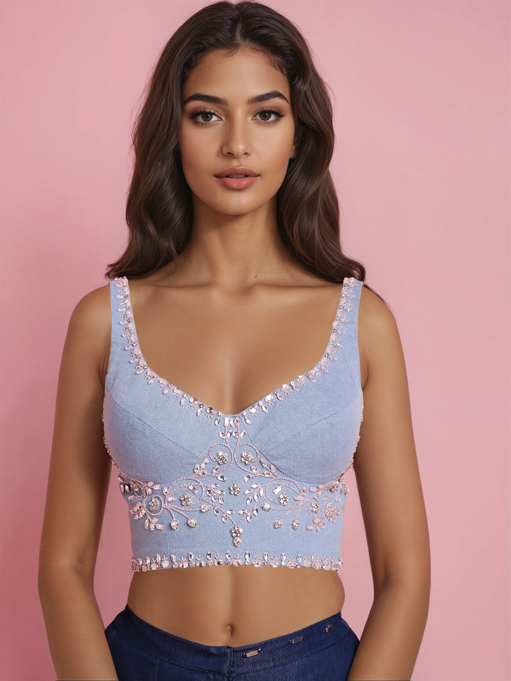 Hand Embroidered Denim Corset with Denim Drape Sharara Saree