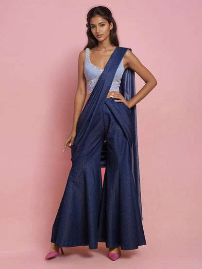 Hand Embroidered Denim Corset with Denim Drape Sharara Saree