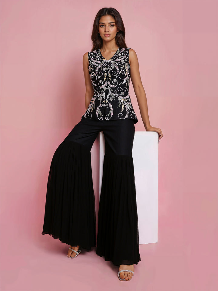 Hand Embroidered Black Denim Jacket with Black Sharara Pant