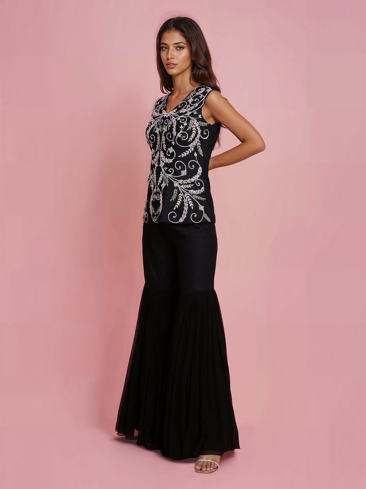 Hand Embroidered Black Denim Jacket with Black Sharara Pant