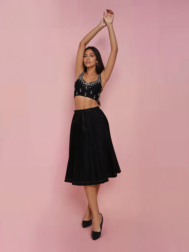 Hand Embroidered Black Denim Corset