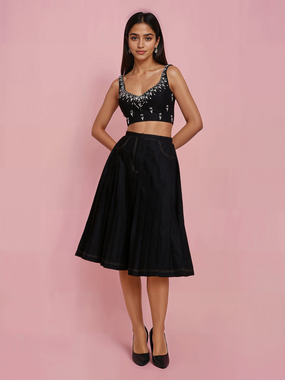 Hand Embroidered Black Denim Corset